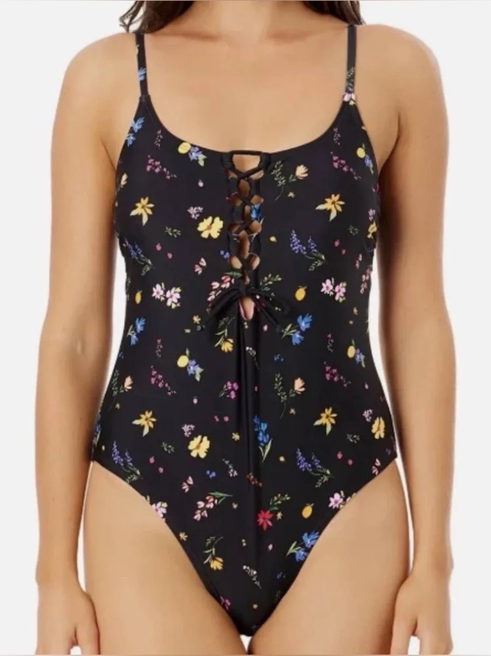 Salt + Cove Juniors' Floral Printed Lace-Up Scoop-Neck One-Piece